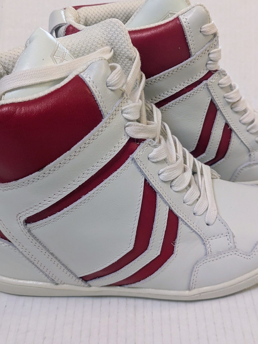 Gold Luxe Jumper White and Red High Top Wedge Style Heeled Sneakers
